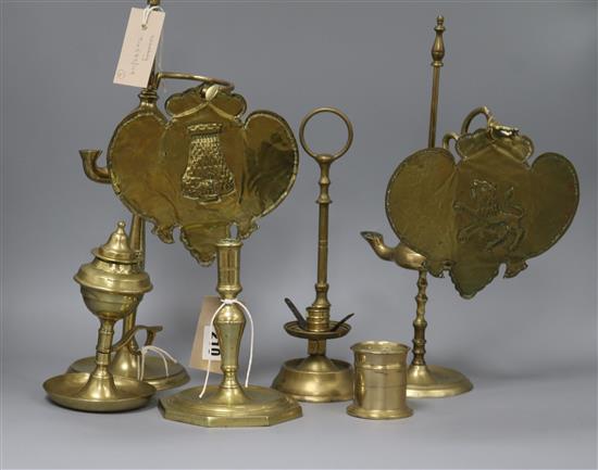 Two Spanish brass oil lamps, a pounce pot and three other items tallest 39cm
